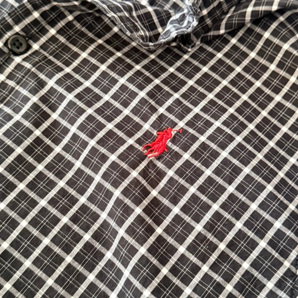 Ralph Lauren Boys Plaid Button Down Shirt Black White Size Large 14-16 L